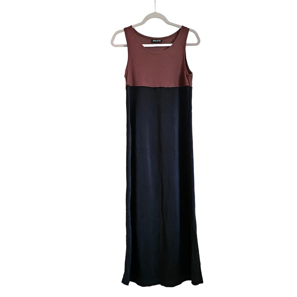 Vintage ribbed knit maxi tank top dress black size medium relaxed sleeveless